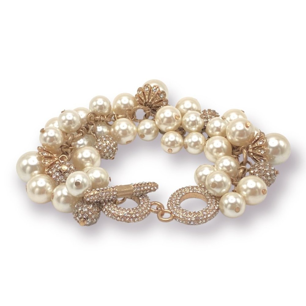 NEW Badgley Mischka Pearl & Crystal Bead Dangle Gold Chunky Statement Bracelet